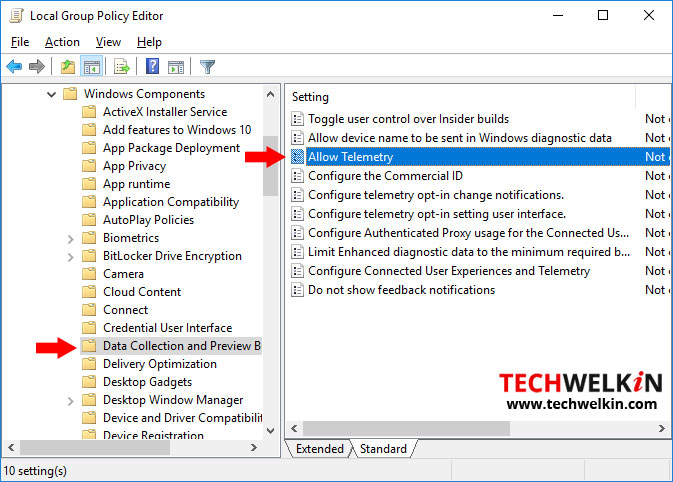 local group policy editor with allow telemetry key in windows 10
