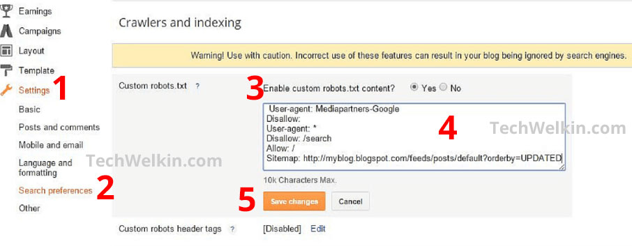 screenshot of how to add custom robots.txt in blogger/blogspot